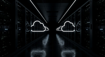 Digital Clouds in Server Room: A futuristic server room visualization featuring luminous cloud icons at the end of corridor, creating a visual representation of modern data storage, cloud computing.
