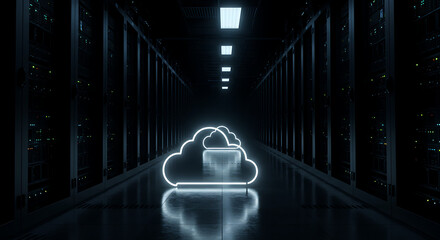 Server Room Cloud: A neon cloud hovers in a server room, illuminated storage for data and information.