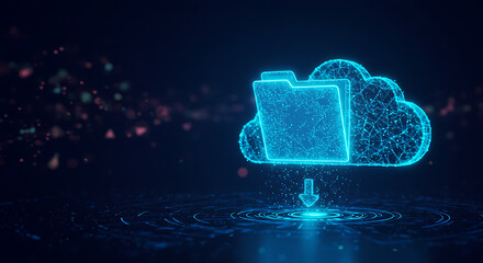 Digital Cloud Storage: A glowing icon representing cloud storage, depicted in blue with an arrow showing data being uploaded or downloaded in a modern style.