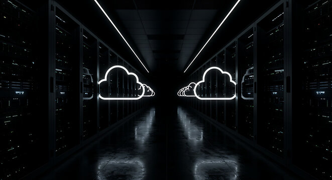 Digital Clouds in Server Room: A futuristic server room visualization featuring luminous cloud icons at the end of corridor, creating a visual representation of modern data storage, cloud computing. - Powered by Adobe