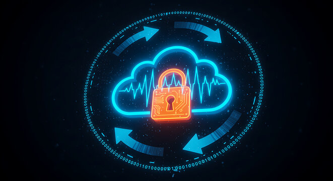 Cybersecurity Cloud Data Protection:  A futuristic illustration depicts a secure cloud server, symbolized by a padlock within a glowing cloud icon, encircled by data transfer arrows.