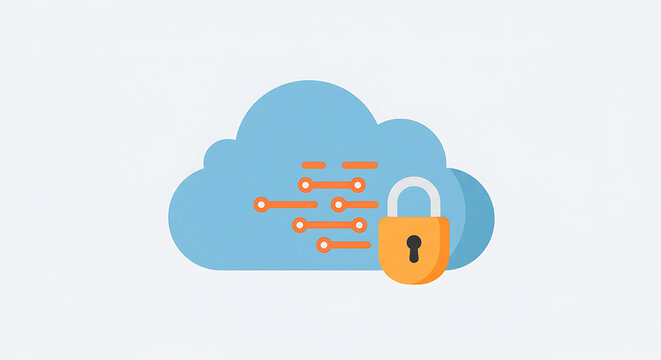Cloud Security Icon: A simple yet effective illustration depicting a secure cloud computing system, symbolized by a cloud icon and a padlock, representing data protection and cyber security. 