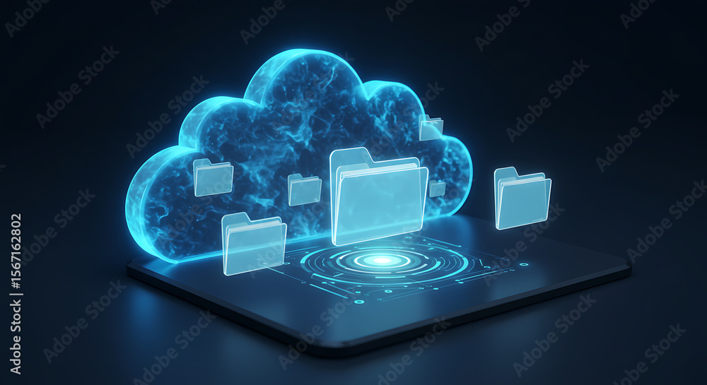 Poster cloud storage for data: a futuristic depiction of a cloud-shaped data storage unit interacting with 