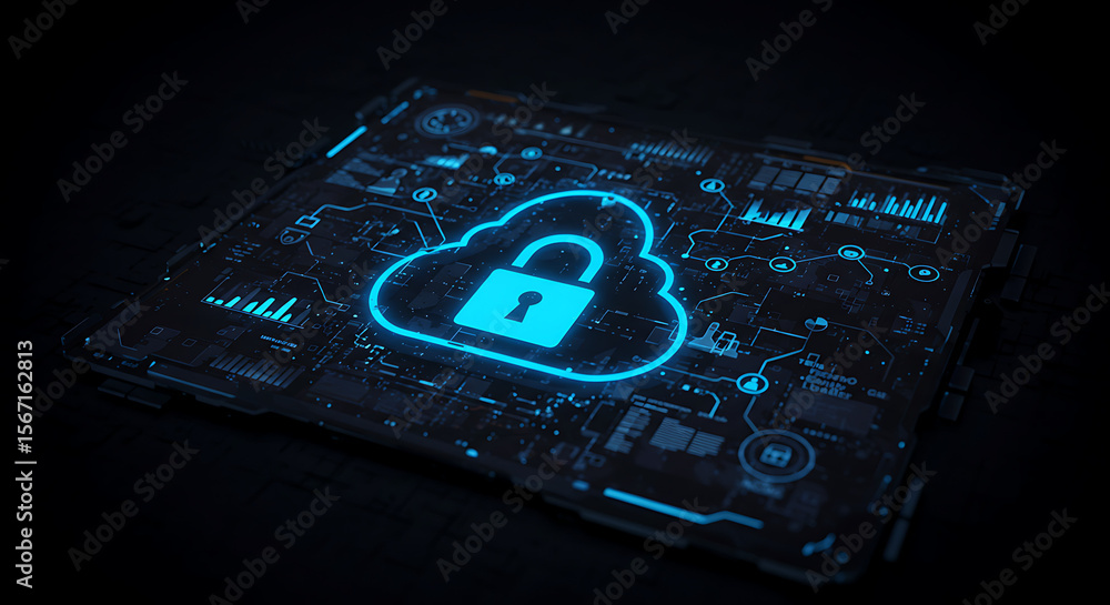 Poster cybersecurity cloud protection: a futuristic illustration depicting a secure cloud server with a glo