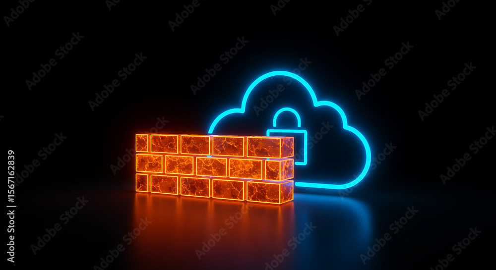 Poster cloud security barrier: a striking image of a glowing cloud icon with a lock, protected by a sturdy 