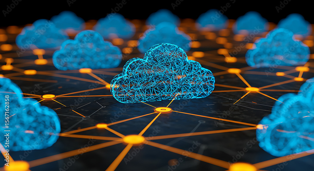 Poster cloud computing: an interconnected network of digital clouds, visualized through neon-like structure