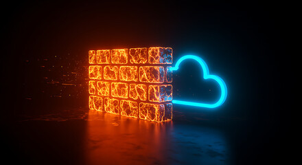 Cloud Protection: A visual representation of a firewall protecting a cloud, with neon lights glowing against a dark backdrop, symbolizing the secure architecture and the defense