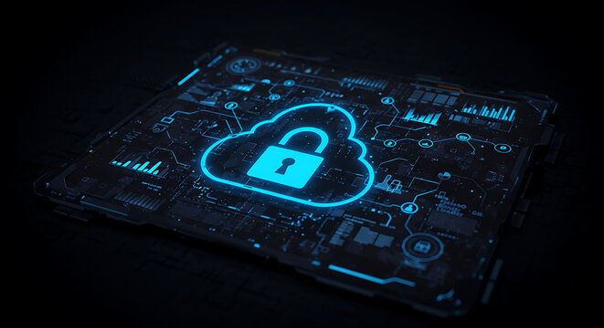 Cybersecurity Cloud Protection: A futuristic illustration depicting a secure cloud server with a glowing padlock symbol embedded within intricate circuit board design.