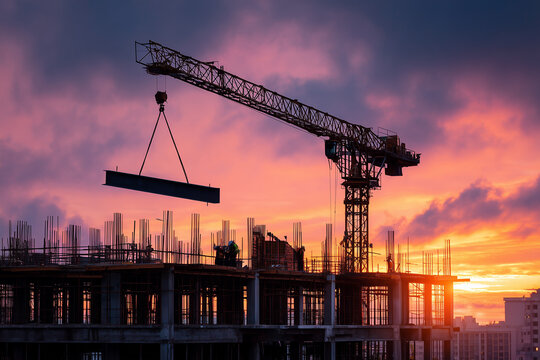 Crane Construction Lifting Steel Beam, High-Rise at Sunset