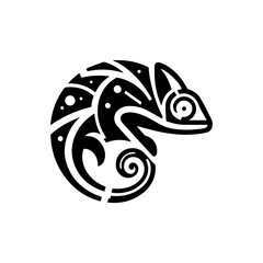 Stylized black chameleon illustration, abstract design, reptile, circular, tribal art.