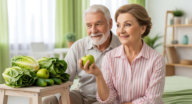 Happy senior couple promoting healthy eating with fresh produce
