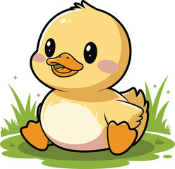Fototapeta premium Cute cartoon duckling vector sitting on grass with yellow feathers big eyes and smile for animal kids design 