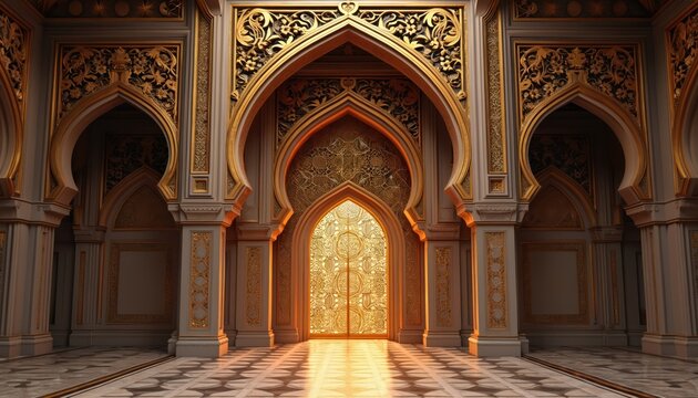 Ornate brown mihrab arabic style with golden arabesque patterns. Intricate details of mosque architecture reflect islamic cultural heritage, religion, spirituality. Symbol of historical islamic