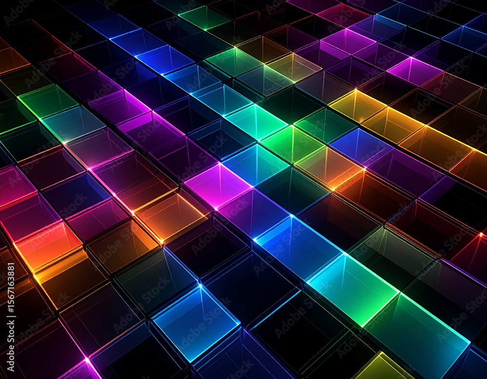 Poster an abstract background featuring a grid of transparent glass cubes, individually illuminated with vi