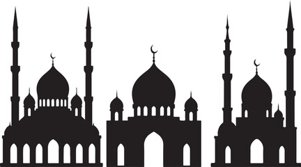 Silhouette of Three Islamic Mosques on a White Background, Vector Illustration

