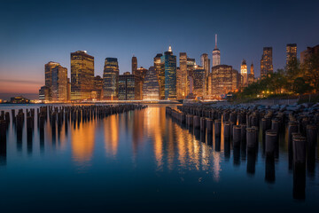 Obraz premium New York City - Magnificent Manhattan Skyline at Dusk Reflecting