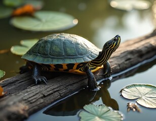 Obraz premium Painted turtle rests on log in pond with lily pads. Turtle displays shell head paws. Aquatic reptile lives in natural environment. Wildlife, nature eco concept.