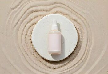 light pink spray bottle on white stone over rippled sandy background