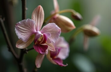 Close-up of wilted orchid flower on plant. Pink, burgundy petals. Dried fragile flower head. Focus on decay, death in nature. Natural beauty still present, tranquil atmosphere. Macro shot, blurred