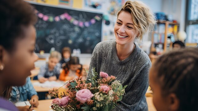 Teacher appreciation day flowers gift from students in classroom celebration happy teacher receiving flowers
