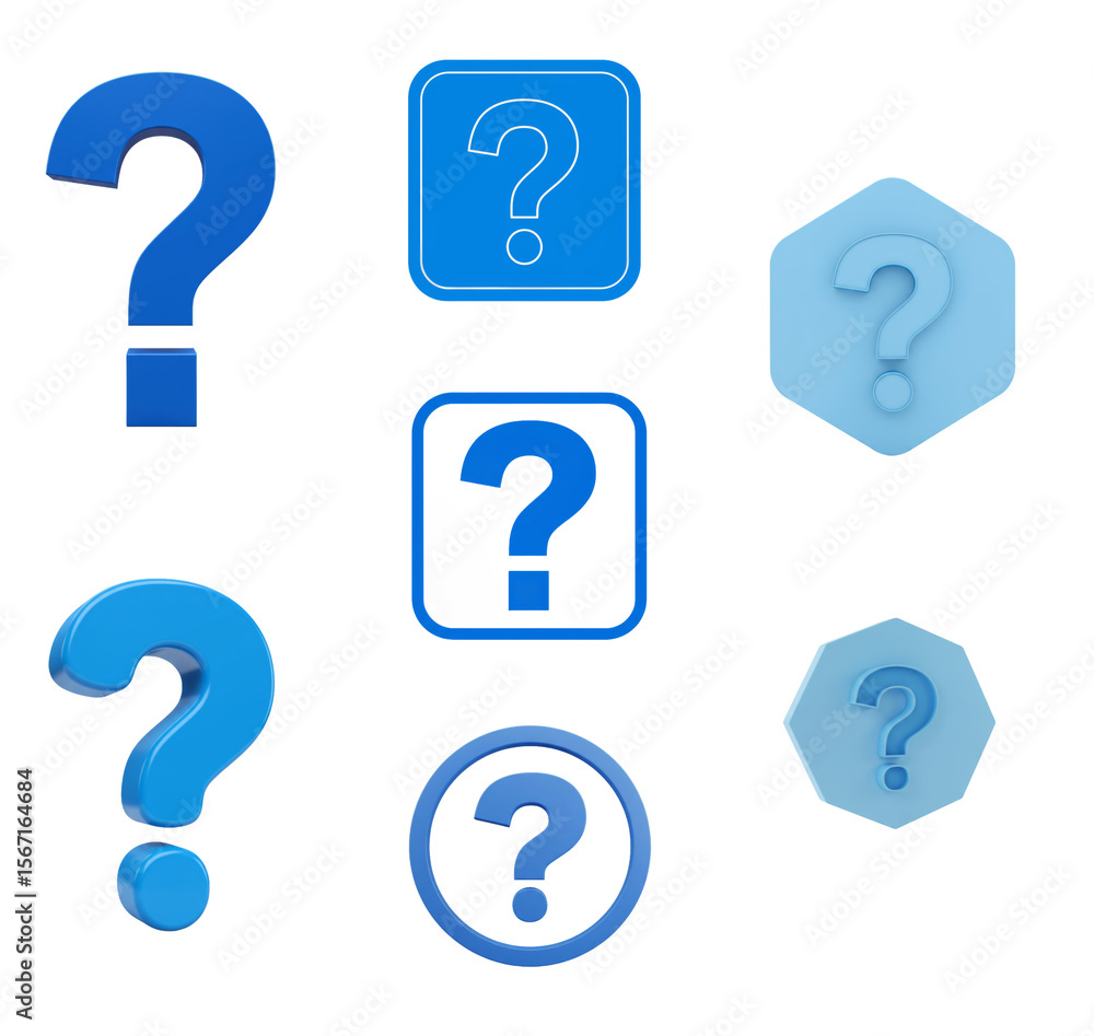 Fototapete Assorted blue question mark icons in different shapes on a clean white backdrop