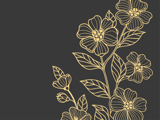 Floral Line Art Design with Flowers, Buds, and Leaves on Dark Gray