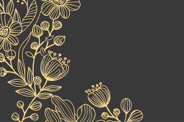 Floral Corner Element with Flowers, Buds, and Leaves in Beige Outline