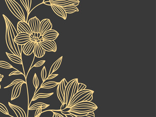 Floral Line Art Design with Flowers and Leaves on Dark Gray Background