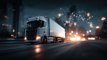 White semi truck driving on highway at night with gps location indicators