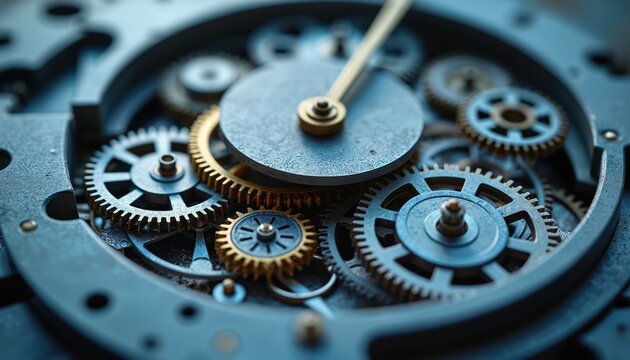Close-up clock mechanism with gears. Time management, efficiency, productivity, planning, workflow concept. Analyzing hours, deadline, schedule, effort tracking, project resources, success.