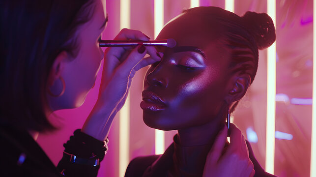 Makeup artist applying eyeshadow on a model with neon lights in the background for a photoshoot - Powered by Adobe