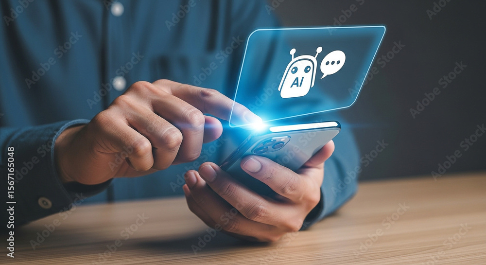 Aufkleber person using smartphone with ai chatbot interface displayed above the phone screen in blue light