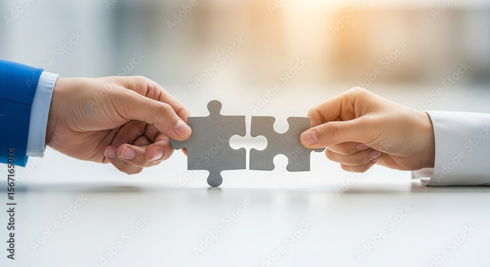 Poster two hands connecting puzzle pieces on a white surface representing collaboration and teamwork concep