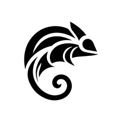 Obraz premium A stylized, black silhouette of a chameleon with a curled tail, facing right.