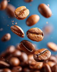 Flying Roasted Coffee Beans with Blue Background