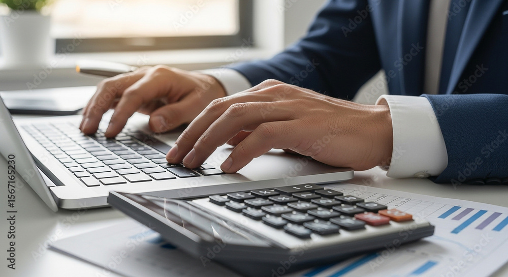 Poster close up of hands typing on a laptop with a calculator and charts on a desk in an office setting