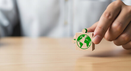 Hand holding a wooden puzzle piece with a green earth graphic on a light wooden surface in a studio