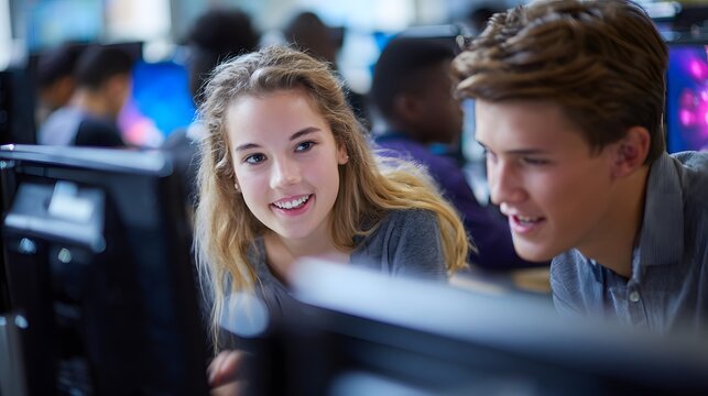 Students working together on computer in classroom for education and learning in school study group