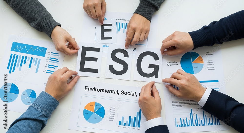 Poster group working on esg environmental social and governance with charts and graphs on a white table top