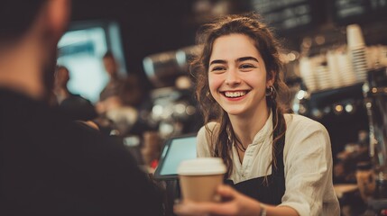 Smiling barista serving coffee at cafe shop happy customer service in local coffee shop business owner