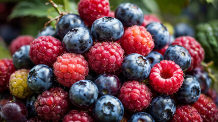 Close-up macro of juicy raspberries and blueberries showing fuzzy skin and moist pulp