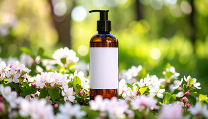 Transparent amber glass bottle with black pump sits elegantly among blooming flowers, showcasing its sleek design and blank label, perfect for personal care products