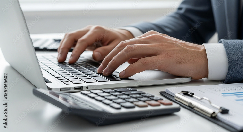 Poster man typing on a laptop with a calculator and documents on the desk in an office environment view
