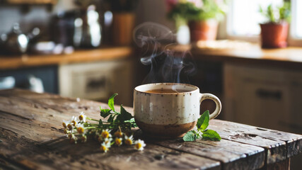 Steaming tea with lemon balm and chamomile, cozy kitchen background. Concept of herbal ritual, inner balance