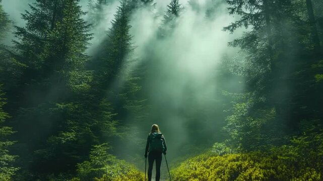 Woman standing alone in misty forest surrounded by tall trees tranquil morning scene representing solitude nature and mindfulness