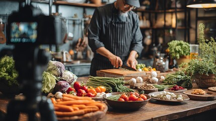 Chef cooking vegetables for food blog video tutorial healthy eating vegan recipe online cooking class tutorial