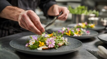 Chef plating gourmet food with edible flowers culinary art fine dining restaurant food presentation plate