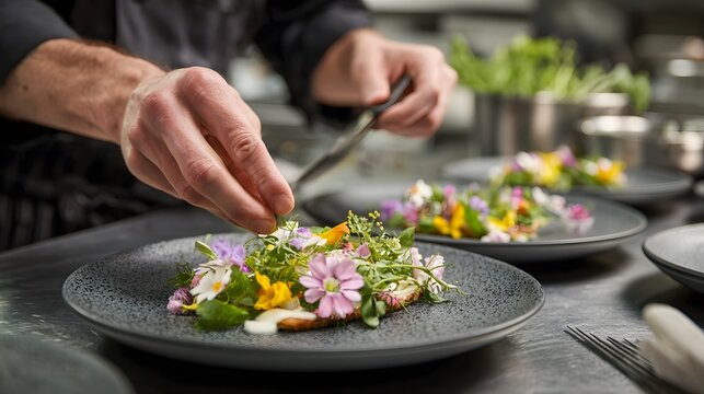 Chef plating gourmet food with edible flowers culinary art fine dining restaurant food presentation plate