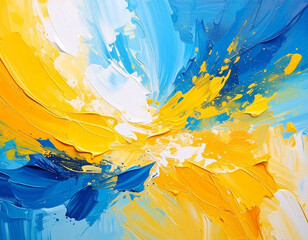 Vibrant canvas of blue and yellow splashed with strokes of vibrant paint brushes creates dynamic and energetic atmosphere, evoking feelings of joy and creativity