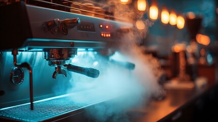 Professional espresso machine coffee maker with steam in cafe for barista training and brewing coffee